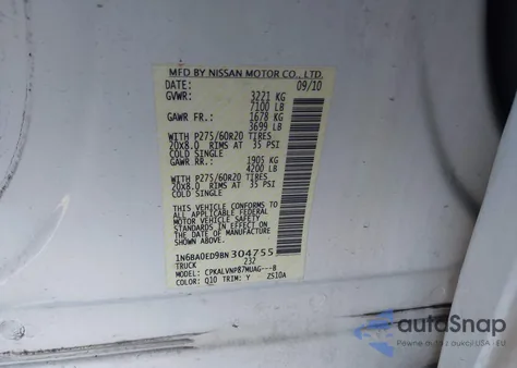 2011 Nissan Titan Sl z USA, uszkodzony, nr VIN 1N6BA0ED9BN304755